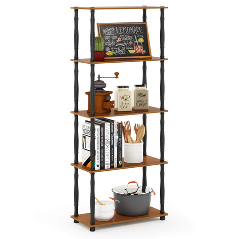 Furinno TURN-S-TUBE Storage Shelves, 5-Tier Book Shelf, Corner Shelf, Toolless Open Shelves, Classic Tubes, for Organization and Storage, Living Room, Garage, Home Office, Light Cherry