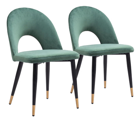 Zuo Menlo Dining Chair (Set of 2) Green, Green Dining Chair, Soft and Smooth Velvet Fabric, Plywood, Indoor Dining, 19.7" W x 22" D x 33.1" H