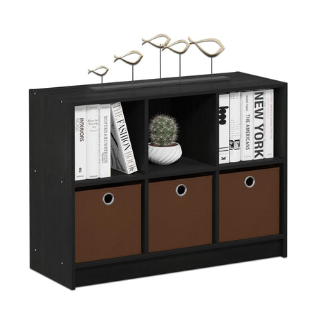 Furinno BASIC Book Shelf, 6-Cube Bookshelf with Open Shelf, 3 x 2 Bookcase with Storage Bins, Closed Back, Horizontal, 11.9 x 31.6 x 23.6, for Living Room, Bedroom, Home Office, Americano