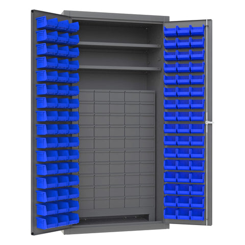 Heavy Duty Cabinet 14 Gauge 36 x 24 x 72 2 Adjustable Shelves 96 Blue Bins 60 Drawers Flush Doors with Louvered Panel Lockable Chrome Handle with Keys Gray
