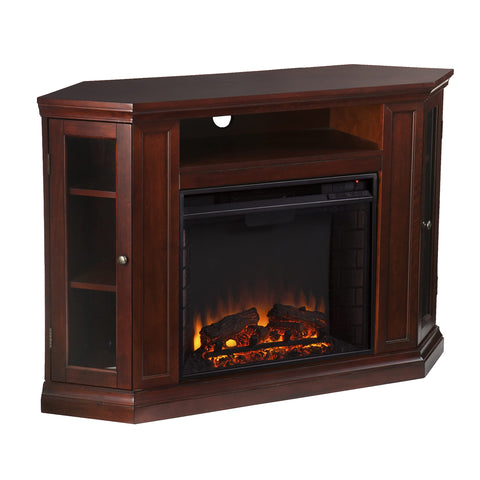 SEI Furniture Claremont Convertible Corner Media Stand with Storage Electric Fireplace, Traditional Style Remote Controlled Flames W/Adjustable Heat, Cherry
