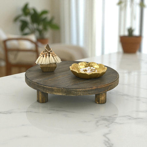 Luned 11.75" Round Wood Table Stand - Rustic Display Shelf - Brown Finish - For Living Room Organization - By Cheungs