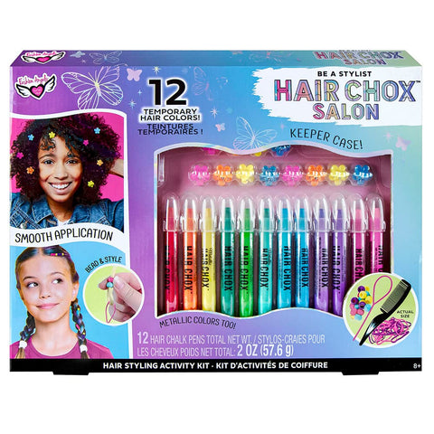 Fashion Angels Be a Stylist Hair Chox Salon Activity Kit - 12 Temporary Hair Chalk Pens, Yellow,Orange,Blue,Green,Pink,Red,Purple (12957)