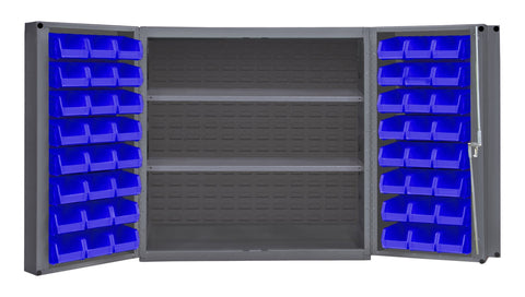 Heavy Duty Cabinet 14 Gauge 36 x 24 x 36 2 Adjustable Shelves 48 Blue Bins 4 Inch Deep Box Doors with Louvered Panel Lockable Chrome Handle with Keys Gray