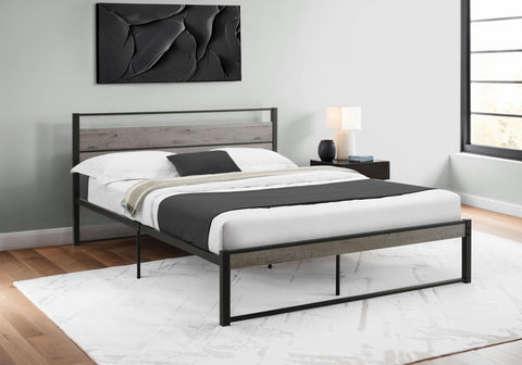 Monarch Specialties I 6071Q Bed, Bedroom, Frame Only, Platform Bed, Queen Size, Grey Laminate, Black Metal, Contemporary, Modern