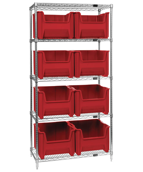 Quantum Storage Systems WR5-800RD 5-Tier Complete Wire Shelving System with 8 QGH800 Red Giant Stack Bins, Chrome Finish, 18" Width x 36" Length x 74" Height
