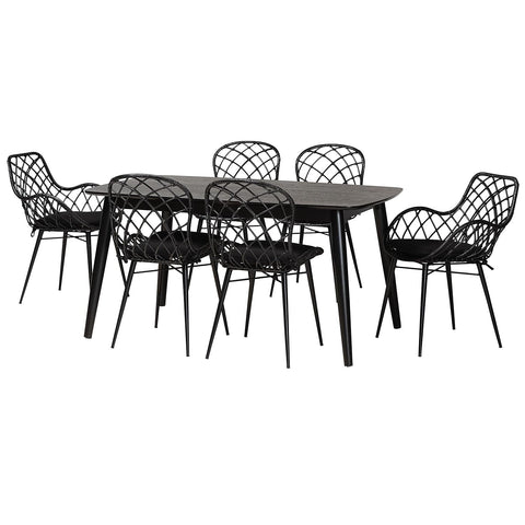 Baxton Studio Aniceta Black Finished Wood and Rattan 7-Piece Dining Set
