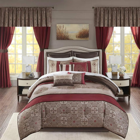 Oakestry 24-Pc Essentials Delaney Comforter Set-Satin Jacquard All Season Luxury Bedding Sets with Bedding, Sheets, Pillows, King(104"x92"), Medallion Red