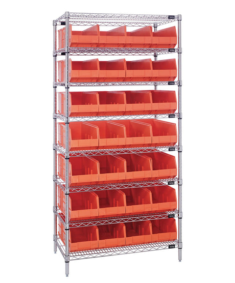 Quantum Storage Systems WR8-483OR Wire Heavy Duty 8 Shelves 28 Stackable Shelf Bins Orange Bins 74" H x 36" W x 21" D