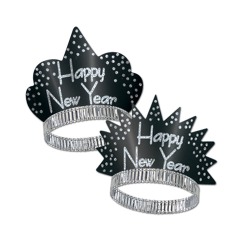 Beistle Sparkling Black & Silver Tiaras – 50 Pack Happy New Year Headbands with Silver Foil Snap-On Bands, Festive NYE Party Headwear, Midnight Countdown Celebration Accessories, Adult Size