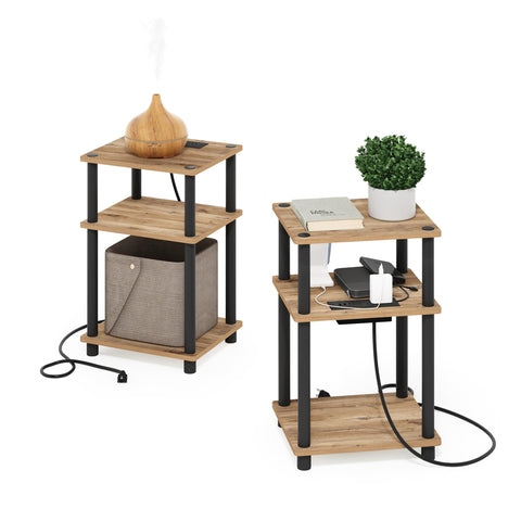 Furinno JUST Side Table Set of 2, 3-Tier Modern End Table with Charging Station, Open Shelf Night Stand, Bedside Table with USB and Type-C Charging Port, for Living Room, Bedroom, Flagstaff Oak
