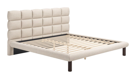 Zuo Placid King Bed Beige, Beige Bed, Modern Style, Shearling Style Fabric, Rubber feet Help Prevent Floor Scratches, Rubberwood, Indoor Bedroom, 86.6" W x 89.4" D x 45.3" H