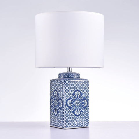 Pasargad Home Margaret Metal & Ceramic Modern Table Lamp, White/Blue with Shade