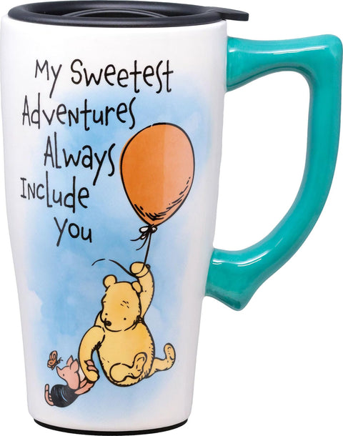 Spoontiques Pooh Adventure Ceramic Travel Coffee Mug with Lid and Handle - Winnie the Pooh Double Walled Mug for Hot and Cold Beverages - Microwave and Dishwasher Safe, Spill Proof Lid