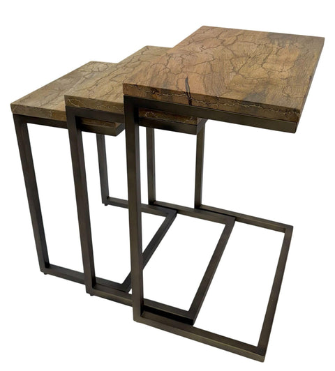 Carolina Chair & Table Electra 3 Piece Square Nesting Table Set - Insdustrial Iron Frame and Electrified Wooden Top Accent Table - Modern Furniture for Bedroom, Living Room, Office, Foyer (Natural)