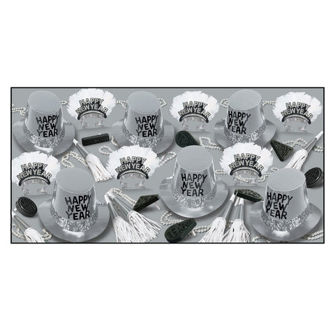 Beistle Platinum Assortment for 50 People- New Year’s Eve Party Supplies Photo Booth Props – Hats, Tiaras, Horns, Noisemakers, Necklaces, One Size, Silver/Black/White