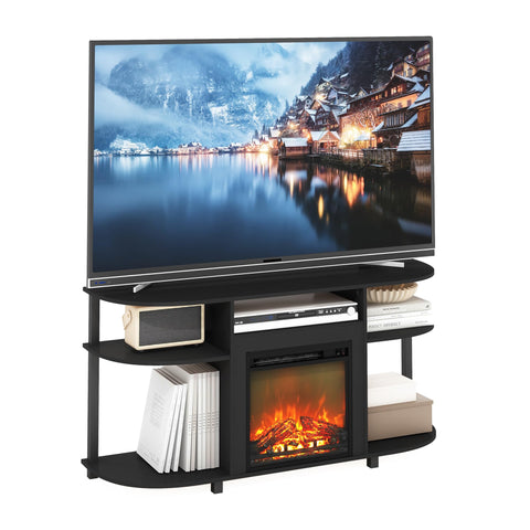 Furinno Jensen Fireplace TV Stand, Curved Entertainment Center, TV Console for TV up to 55 Inch with Fireplace and Open Storage, for Living Room, Bedroom, Americano