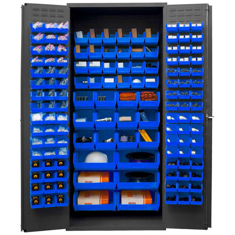 Durham 3500-138B-5295 Lockable Bin Cabinet with 138 Blue Hook-On Bins, Flush Door Style, 36" Wide, 14 Gauge, Gray