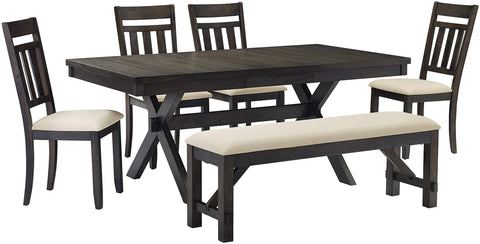 Hayden 6-Piece Dining Table Set For 7 Slate - Table, Bench & 4 Slat Back Chairs