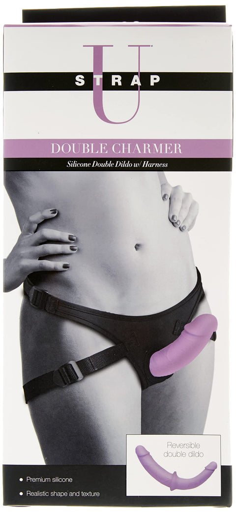 Strap U Double Charmer Premium Silicone Double Dildo Set Penetration with Harness for Women, Men, & Couples, Silicone G-spot Anal Prostate Vagina Adult Toy Strapon Harness, Purple, (AG912)