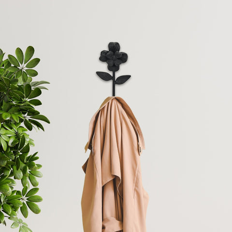 Cheungs Mythra Black Flower Cast Iron Wall Hook - Handcrafted 6.5-inch - Elegant Black Finish - Floral Design for Living Room