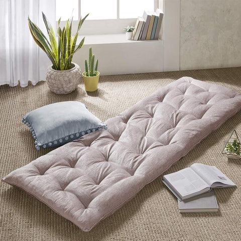 Oakestry Edelia Tufted Foldable Textured Poly 100% Chenille Light Weight Long Lounger Floor Pillow Cushion Seating for Yoga Living Room Home Decor, Blush