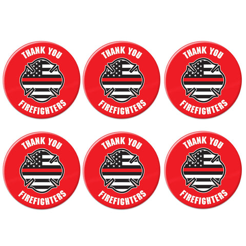 Beistle Thank You Firefighters Buttons – 6-Pack Patriotic 2-Inch Red Buttons with Maltese Cross and American Flag Design, Pin-Back Appreciation Badges for Firefighter Recognition Events and Parades