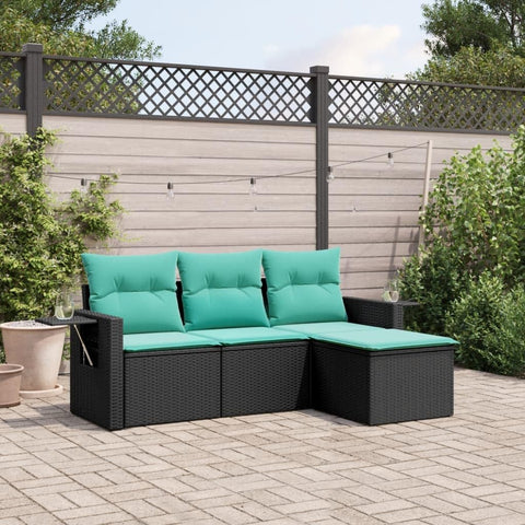 Oakestry 5-Seater Modular Garden Sofa Set Black PE Rattan with Blue Cushions & Storage