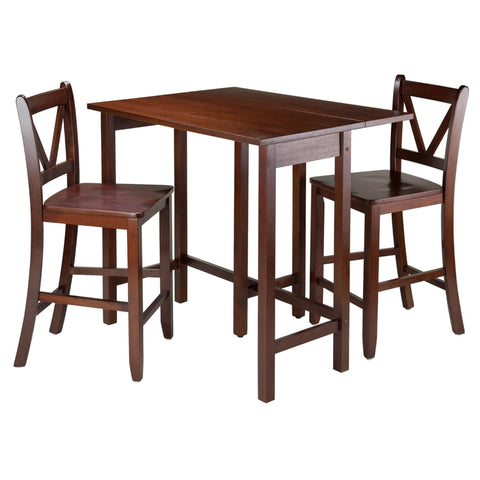 Oakestry Lynnwood 3-Piece Brown Drop-Leaf Counter Dining Set with Space-Saving Table and V-Back Stools – Compact Wood Breakfast & Dining Solution