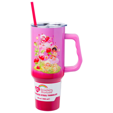 Silver Buffalo Care Bears and Strawberry Shortcake Ombre Double Walled Stainless Steel Tumbler with Handle, Fits in Standard Cup Holder, 40 Ounces