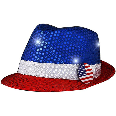 blinkee Star-Spangled Sparkle USA Flashing Fedora Hat with Red White and Blue Sequins