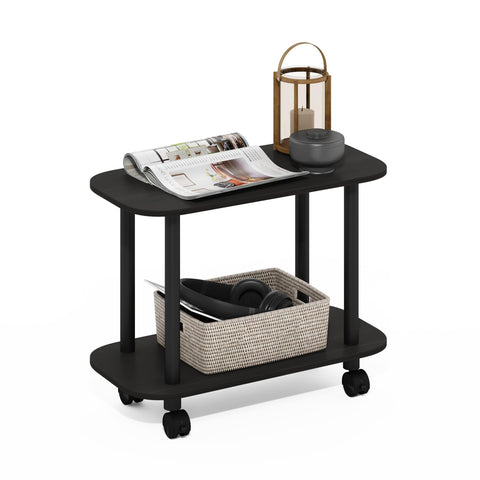 Furinno Turn-N-Tube Side Table, 2-Tier Oval Sofa End Table with Wheels, Round Corner Night Stand, Bedside Table with Open Shelf, Toolless Assembly, for Living Room, Bedroom, Espresso
