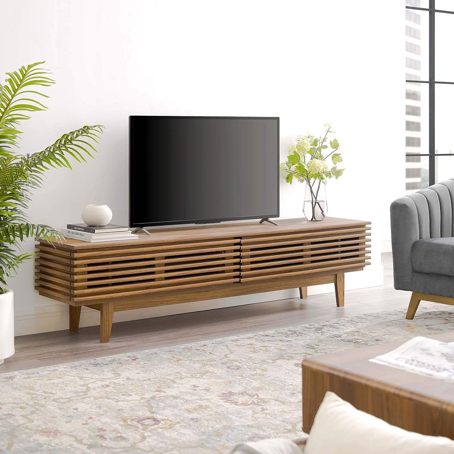 Modway Render 71" Mid-Century Modern Low Profile TV Stand in Walnut, 71 Inch