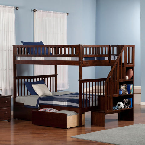 Woodland Staircase Bunk Bed Full over Full with 2 Urban Bed Drawers in Walnut