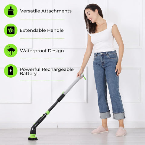 EasyScrub Cordless Electric Spin Scrubber - Powerful 350 RPM Cleaning with 4 Replaceable Heads, Adjustable Extension Handle, IPX7 Waterproof, Ideal for Shower, Tiles, Tubs, and Grout