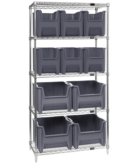 Quantum Storage Systems WR5-600800GY 5-Tier Complete Wire Shelving System with 6 QGH600GY and 4 QGH800GY Gray Giant Stack Bins, Chrome Finish, 74" Height x 36" Width x 18" Depth