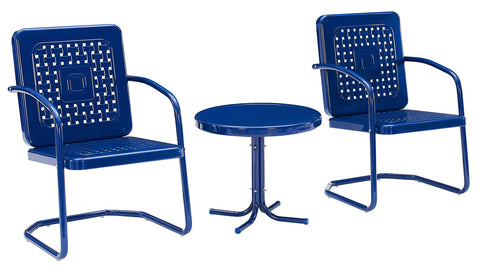 Bates 3Pc Retro Outdoor Chair Set Navy Gloss/White Satin - Side Table & 2 Armchairs