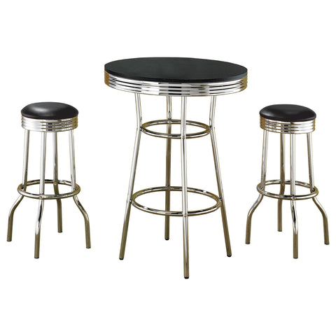 Coaster Home Furnishings - Retro 1950s - 3-Piece Bar Set - Metal & Laminate - Round Table, Swivel Bar Stools, Chrome Table Legs - Home Bar Furniture, Dining Room and Kitchen - Black & Chrome - 2405-S3