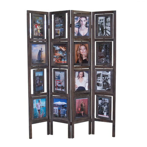 Proman Products Oscar II Scenic 4 Panel Folding Screen Room Divider with 16 Picture Frames to Display 32 Pictures, Paulownia Wood, Smoked Brown Finish, 54" W x 1" D x 67" H (Max Extends)