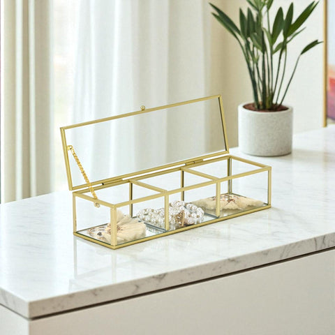Verena 10.625" Glass Display Box – Decorative Storage – Gold Metal Frame with 3 Compartments – Modern Style – For Living Room, Shelf, or Vanity – By Cheungs