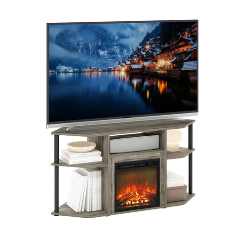 Furinno Jensen Fireplace TV Stand, Corner Entertainment Center, TV Console for TV up to 55 Inch with Fireplace, Plastic Poles and Open Storage, for Living Room, Bedroom, French Oak Grey