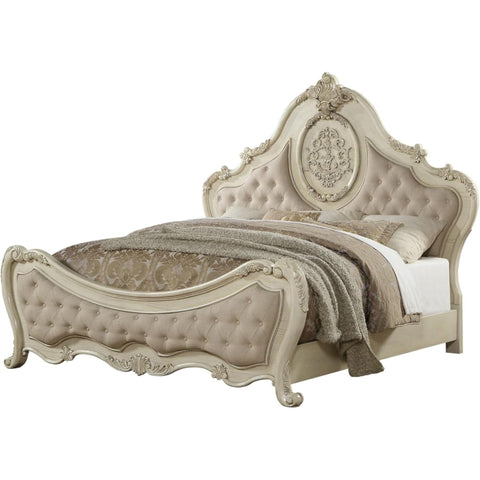 Oakestry Ragenardus Eastern King Bed Fabric Antique White Upholstered Tufted Headboard Durable Solid Wood Frame Stylish Transitional Bedroom Furniture Premium Home Décor Centerpiece