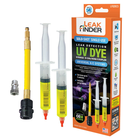 LEAKFINDER LF020CS SOLO-SHOT Single-use Air Conditioner Refrigerant Leak Detection Syringe Kit - (2) Pre-filled UV Fluorescent Dye Syringes, R134a Hose Coupler, Made in USA
