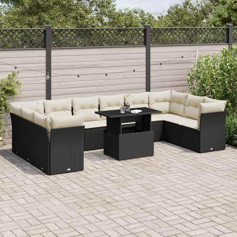 vidaXL Patio Sofa Set with Cushions 11 Piece, Garden Lounge Set, Outdoor Conversation Set, Sectional Sofa for Garden, Modern Style, Black Poly Rattan