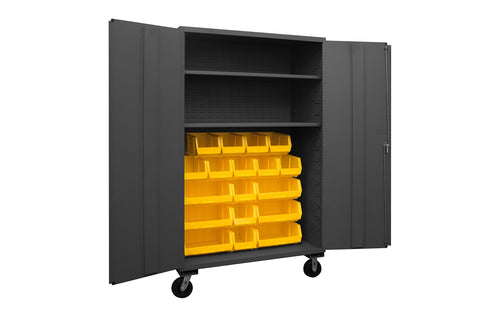 Durham 2502M-BLP-18-2S-95 Lockable Mobile Cabinet with 18 Yellow Hook-On Bins, 2 Adjustable Shelves, Flush Door Style, 48" Wide, 16 Gauge, Gray