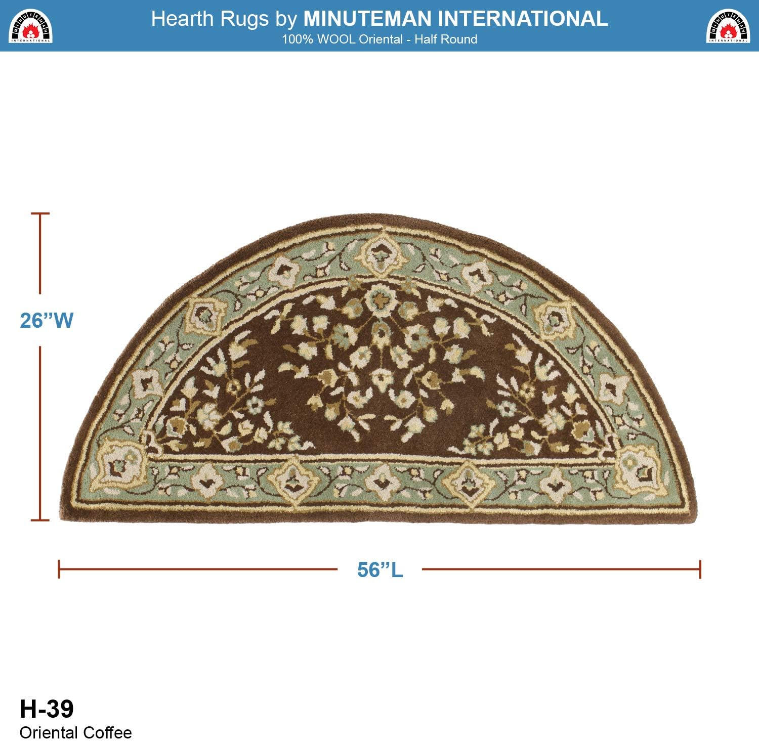 Minuteman International Coffee Oriental Wool Hearth Rug, Half Round 56 in x 26 in