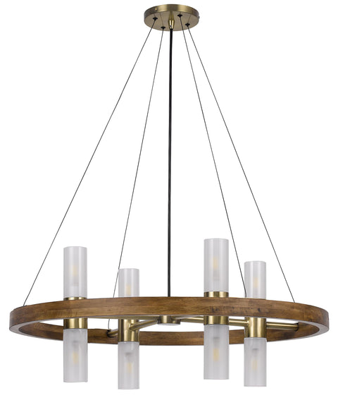 40W x 8 Hempstead Birch Wood Cylinder Chandelier with Adjustable Steel Cable and Glass Shades