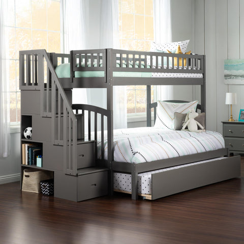 AFI, Westbrook Staircase Bunk Bed Twin Over Full with Full Size Trundle and Attachable USB Charger, Grey