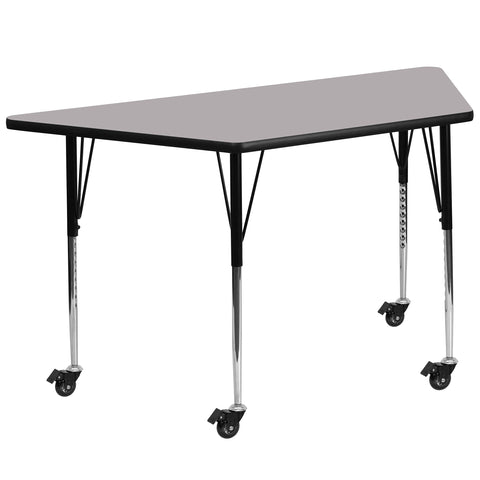 Flash Furniture Mobile 29''W x 57''L Trapezoid Grey Thermal Laminate Activity Table - Standard Height Adjustable Legs