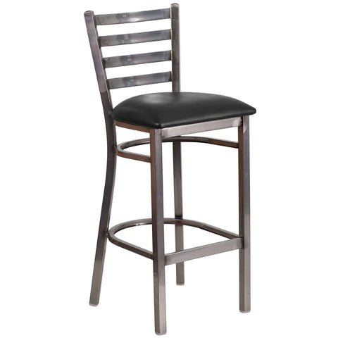 Flash Furniture HERCULES Series Clear Coated Ladder Back Metal Restaurant Barstool - Black Vinyl Seat (Pack of 1)